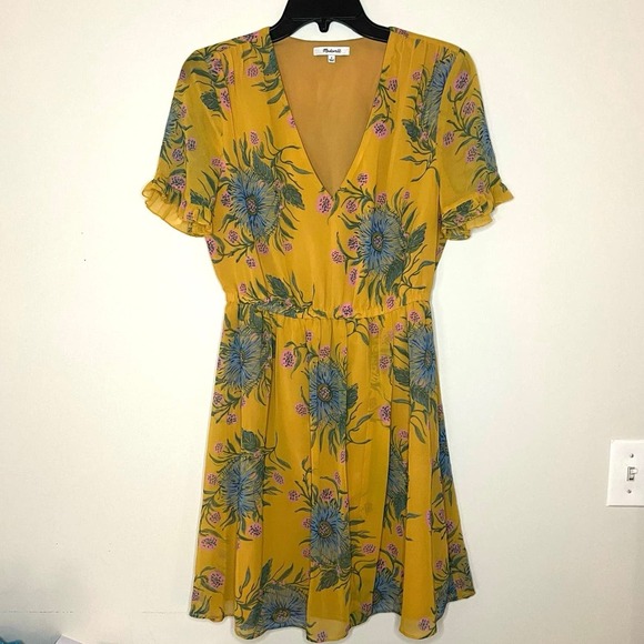 Madewell Sweetgrass Ruffle Sleeve Painted Blooms Yellow Floral Dress - Picture 2 of 8